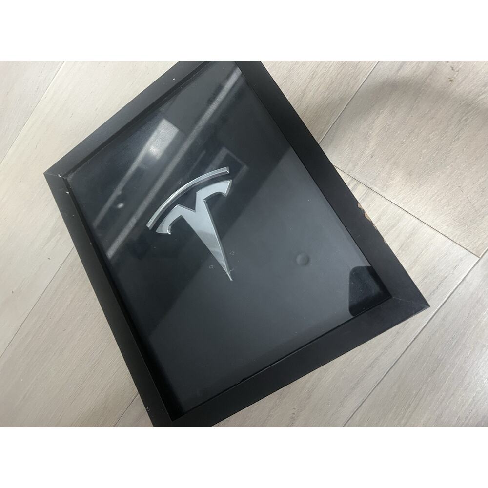 Tesla Chrome Logo Framed Wall Art Plaque Corporate Office Decor Automotive Badge